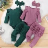 Newborn Baby Girls Clothes Infant Long Sleeve Ruffle Romper Bodysuits+Pants+Bow Headband 3Pcs Suit Children Toddler Outfit A422