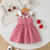 0-3 Year old Baby girl Dress with Boll Collar and Strawberry Print in Red Checkered Pattern, Summer Cool dress for Baby Girl