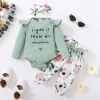 Newborn Baby Girl Autumn Set Letter Long sleeved Bodysuit +Bow Printed Pants+Headband fit 0-12 Months Female Babies Fashion Suit