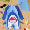 Baby Boy Summer Shark Print Long Sleeve Onesie Swimsuit with Hat Infant Swimwear Cover-up Clothing Accessory