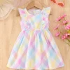 Summer Flying Sleeveless Pink Blue Plaid Full Print Dress Version Slim And Simple For Baby Girls Outdoor Travel Holiday Dress