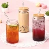 450ml/550ml Transparent Glass Cup with Wooden Lid and Straw Home High Borosilicate Glass Juice Cup Water Cup Drinking Utensils
