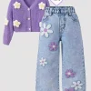 Girls' Floral-Printed Towel-Stitch Denim Jeans Trendy Loose Waist Design Versatile Casual Pants for Kids.Full elastic waistband