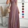 Women's Summer Ethnic Pattern Backless Split Thigh Dress Ladies Summer Clothes Boho Fashion Frill Trim Long Dress for Beach